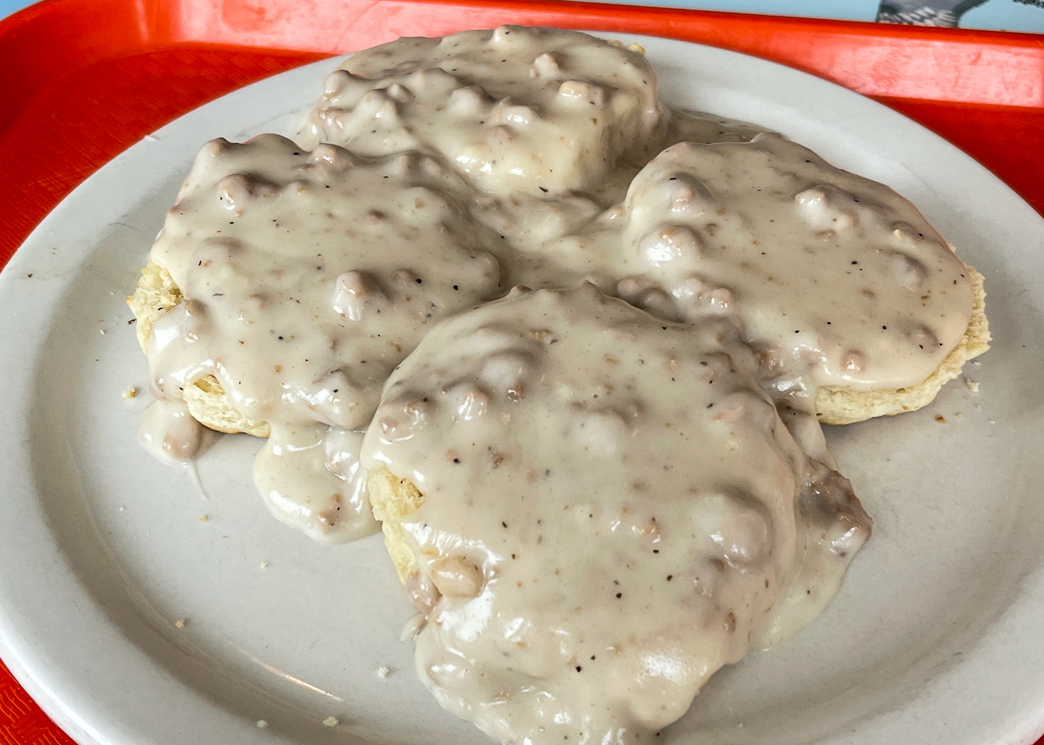 A plate of biscuits and gravy for breakfast on the MV Matanuska Alaska ferry.