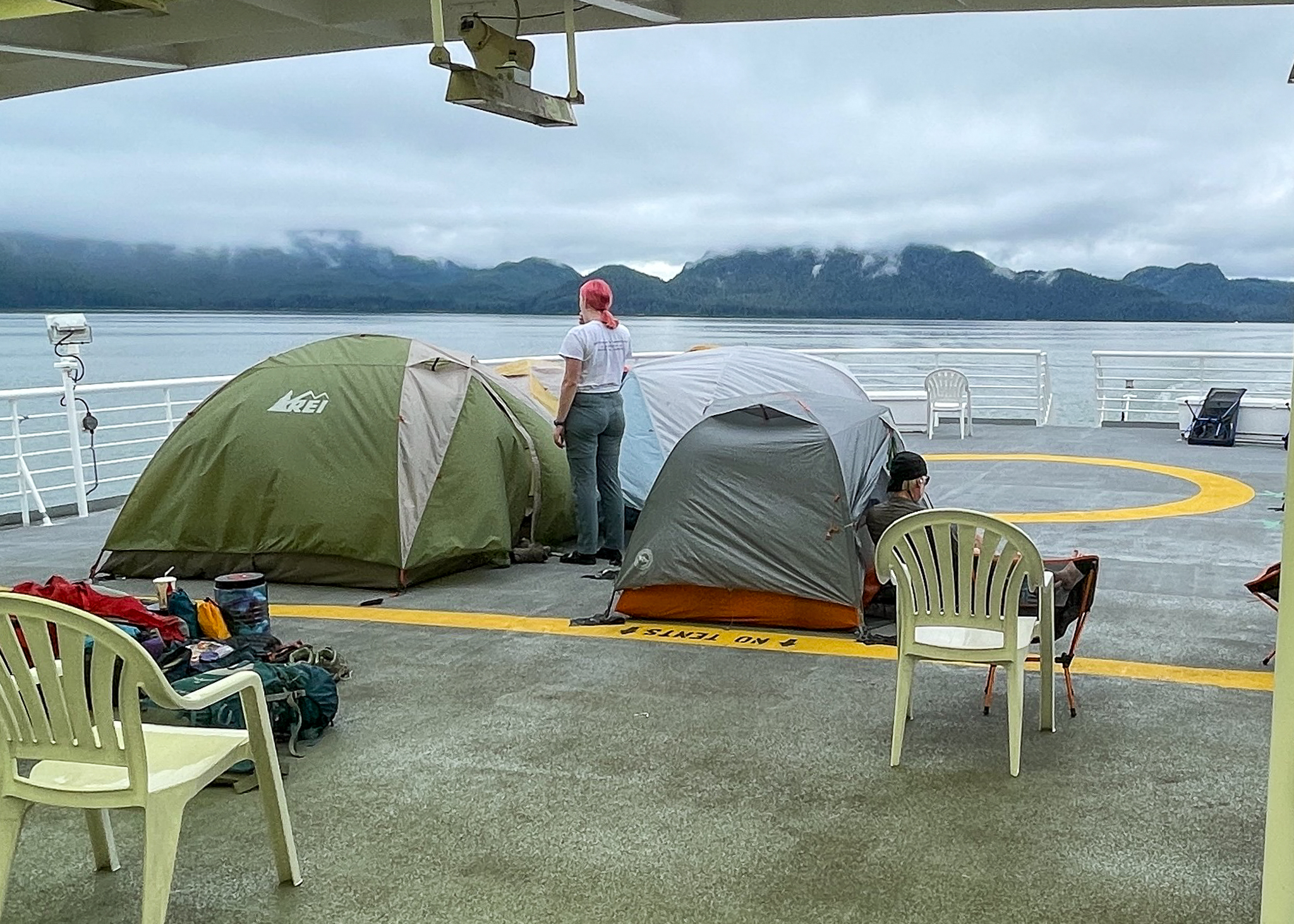 Two tents set up on the deck of the MV Matanuska Alaska Ferry