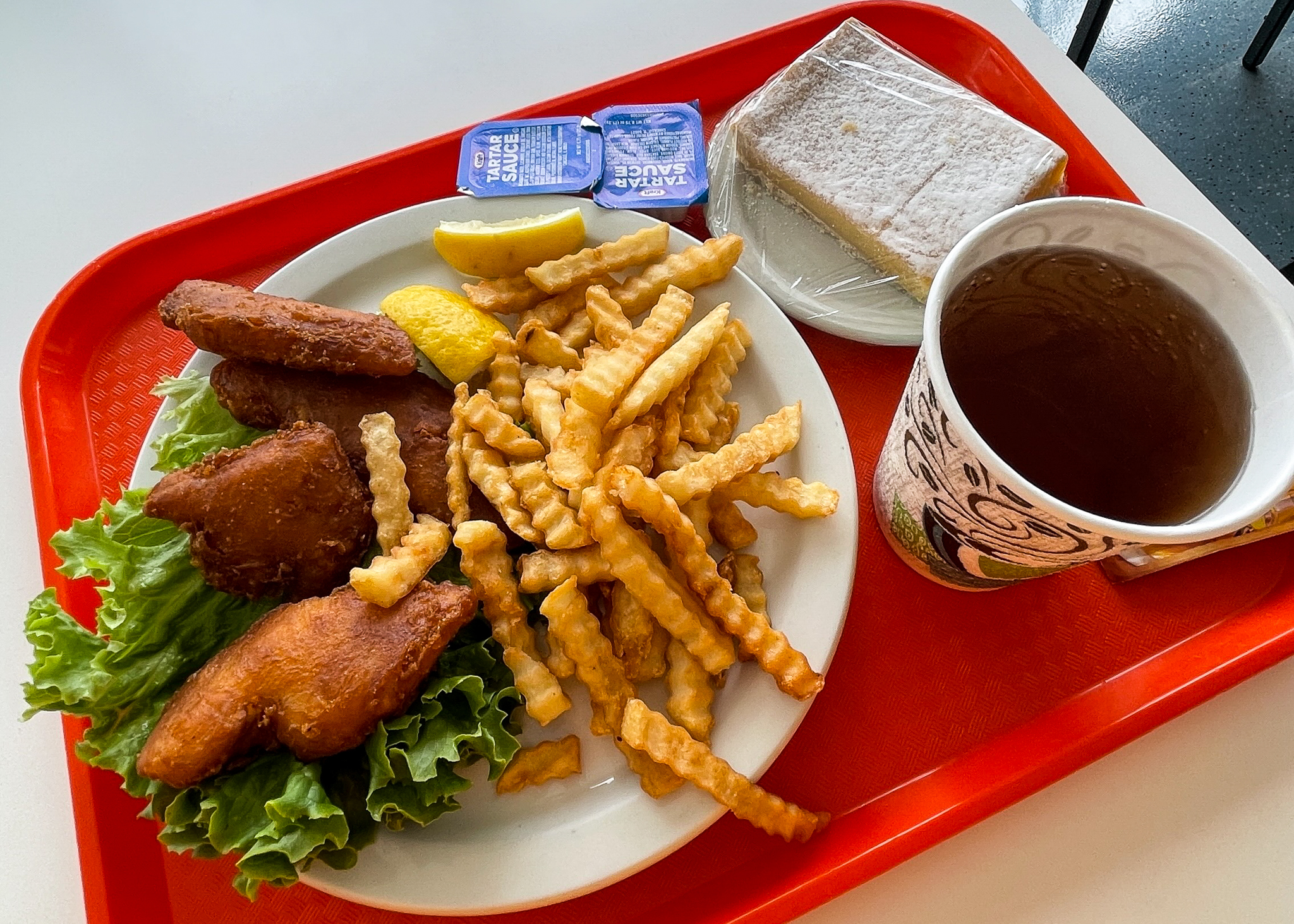 Fish and chips on a lunch tray on the MV Matanuska Alaska ferry.
