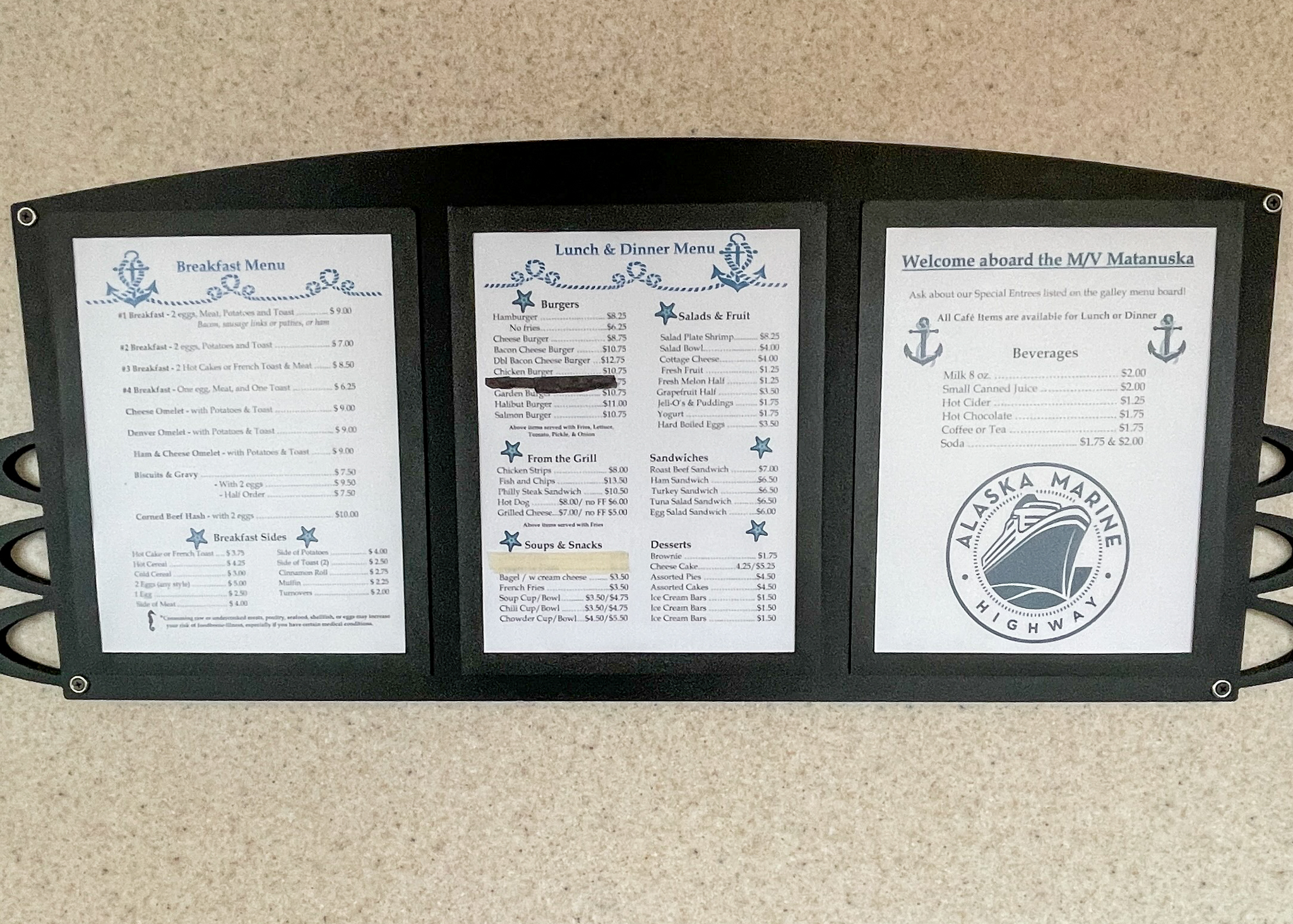 Menu with prices for the dining room on the MV Matanuska Alaska Ferry.