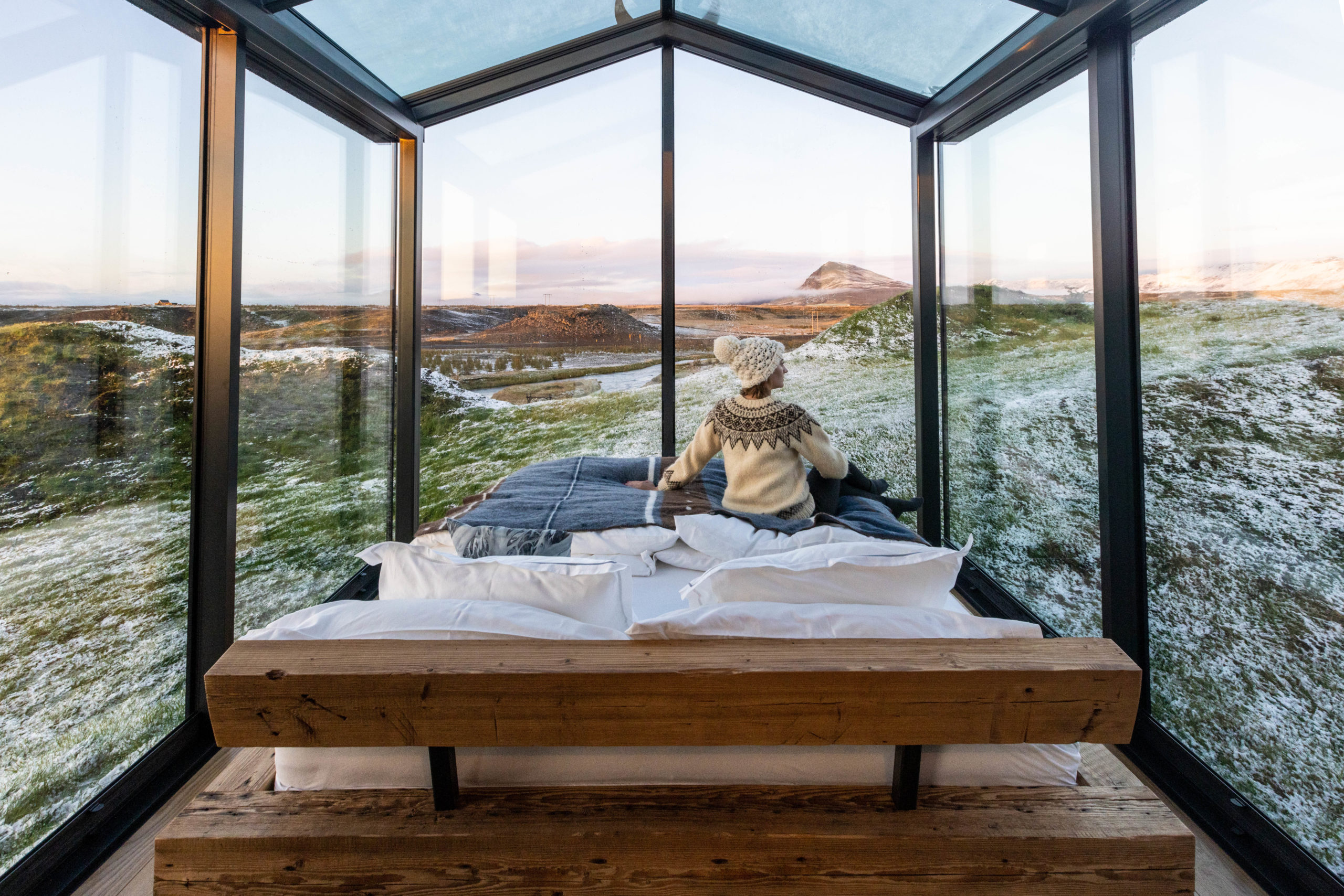 Bedroom in the Odin Panorama Glass Lodge in Iceland.
